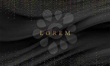 Vector Smooth elegant black silk or satin texture abstract background. Luxurious background design with golden glitter