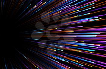 Abstract background in blue, orange and purple neon glow colors.Explosion in universe. Cosmic background for event, party, celebration. Speed of light in galaxy.