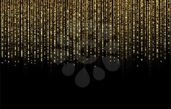 Abstract golden rain. Curtain of golden particles on a black background. Holiday banner for award show, presentation, website design. Seamless border for design
