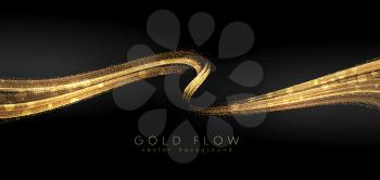 Abstract shiny color gold wave design element on dark background. Fashion flow lines for cosmetic gift voucher, website and advertising. Awarding the nomination ceremony luxury background with golden glitter sparkles. Vector design