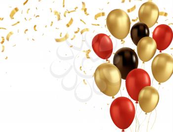 Red, black and gold balloons and golden confetti. Vector glossy realistic baloon on transparent background for holiday celebration greeting card. Holiday Flying 3D glossy ballons and ribbon. Congratulations banner party invitation design with copy space