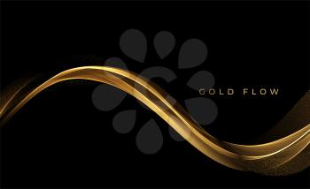 Abstract Gold Waves. Shiny golden moving lines design element with glitter effect on dark background for gift, greeting card and disqount voucher. Vector Illustration