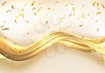 Abstract Gold smoke Waves. Shiny golden moving lines design element with defocused gold confetti for gift, greeting card and disqount voucher. Award nomination, wedding, birthday, graduation, comming soon background. Vector Illustration