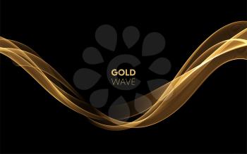 Abstract Gold smoke Waves. Shiny golden moving lines design element on dark background for gift, greeting card and disqount voucher. Vector Illustration