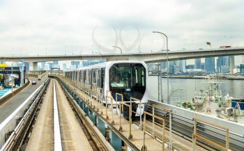 Train at Yurikamome line, an automated guideway transit system in Tokyo, Japan