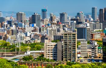 Skyline of Osaka city in Japan, view from the castle