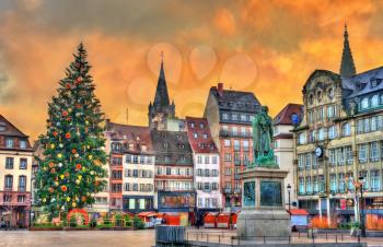 Christmas tree and statue of General Kleber in Strasbourg - Alsace, France