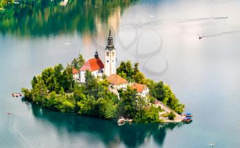 Aerial view of Bled Island with the Church of the Assumption of Mary in Slovenia