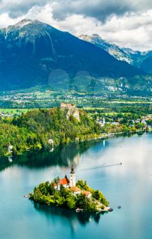 Aerial view of Lake Bled with the island. UNESCO world heritage in Slovenia