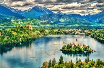Aerial view of Lake Bled with the island. UNESCO world heritage in Slovenia