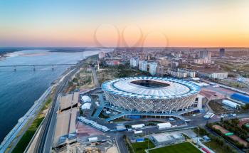 Aerial view of the Volgograd Arena on a bank of the Volga River. Russia, Eastern Europe