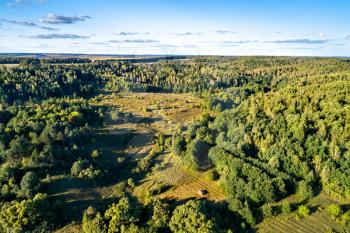Typical aerial landscape of the Central Black Earth Region of Russia. Bolshoe Gorodkovo village, Kursk region.