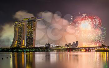 View of New Year fireworks above Marina Bay in Singapore
