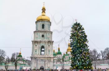 Christmas tree and Saint Sophia Cathedral, a UNESCO world heritage site in Kiev, the capital of Ukraine