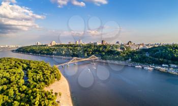 Aerial view of the Dnieper river with the Pedestrian Bridge in Kiev, Ukraine