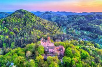 Aerial view of Berwartstein Castle in the Palatinate Forest. Rhineland-Palatinate, Germany