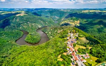 Meander of Queuille on the Sioule river in the Puy-de-Dome department of France