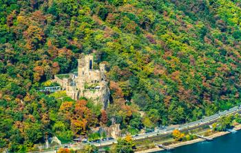 View of Rheinstein Castle in the Upper Middle Rhine Valley. UNESCO world heritage in Germany
