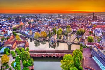 Vauban Dam, Ponts Couverts and historic quarter Petite France in Strasbourg at sunrise