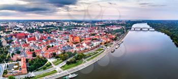 Aerial view of Torun city with the Vistula River. UNESCO world heritage in Poland