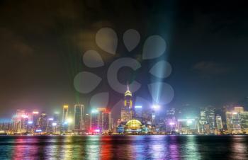 Hong Kong skyline at night with a laser light show. China, Southeast Asia
