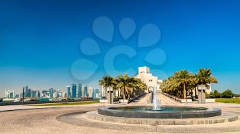 Doha, Qatar: December 24, 2017: The Museum of Islamic Art. Built in 2008, it has a uniquely modern design influenced by ancient Islamic architecture