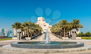 Doha, Qatar: December 24, 2017: The Museum of Islamic Art. Built in 2008, it has a uniquely modern design influenced by ancient Islamic architecture