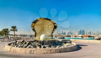 The Oyster and Pearl Fountain on Corniche Seaside Promenade in Doha, Qatar. The Middle East