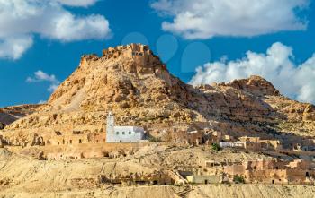 View of Doiret, a hilltop-located berber village in Tataouine Governorate, South Tunisia