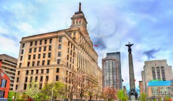 The Canada Life building and the South African War Memorial on University Avenue in Toronto - Ontario, Canada