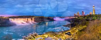 Panoramic view of Niagara Falls in the evening from the Canadian side