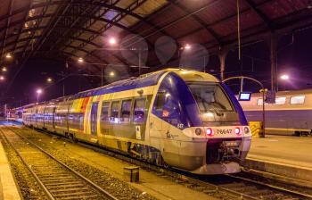 STRASBOURG, FRANCE - JANUARY 01: SNCF regional diesel train at the main station on January 1, 2014 in Strasbourg, France. The Class X 76500 was produced by Bombardier in 2004-2010