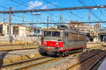 Electric locomotive passing the Montpellier station - France