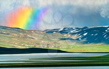 Rainbow above Cat Dam Lake in Adiyaman Province, Turkey