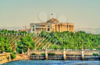 View of Dushanbe with Presidential palace and the Varzob River. The capital of Tajikistan, Central Asia