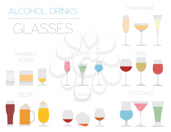 Alcohol glasses flat icon set. Different alcohol beverages. Vector illustration