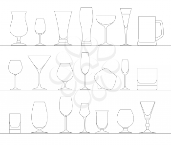 Alcohol glasses flat icon set. Different alcohol beverages. Vector illustration