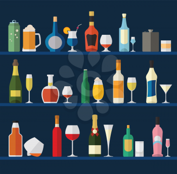 Alcohol glasses and bottles flat icon set. Different alcohol beverages. Vector illustration