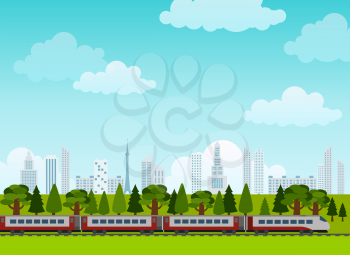 Railroad and train rides. Poster. Flat style. Vector illustration