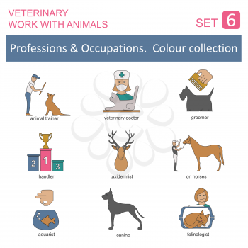 Professions and occupations coloured icon set. Veterinary, work with animals. Flat linear design. Vector illustration