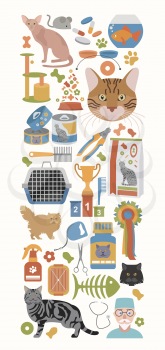 Cat characters and vet care icon set flat style. Banner. Vector illustration