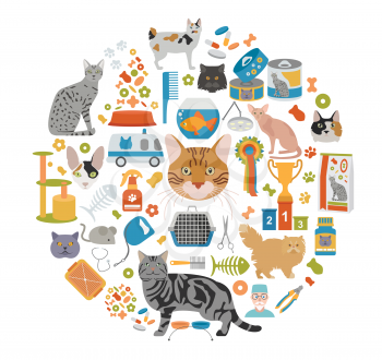 Cat characters and vet care icon set flat style. Vector illustration
