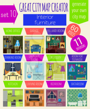 Great city map creator. House constructor.Interiors, furniture. Make your perfect city. Vector illustration
