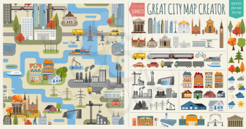 Great city map creator.Seamless pattern map and  Houses, infrastructure, industrial, transport, village and countryside set. Make your perfect city. Vector illustration
