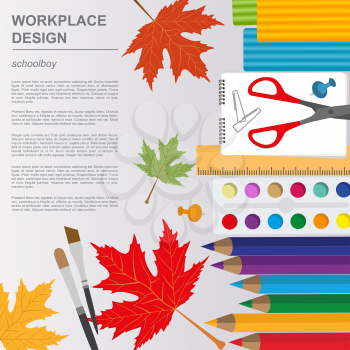 Education graphic template. Schoolboy workplace mock up for creating your own design, infographics, banners. Vector illustration with place for text. 