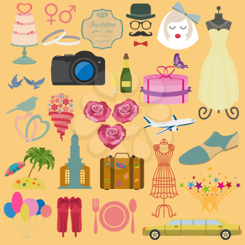 Set of vintage wedding, fashion style and travel elements icons. Vector illustration