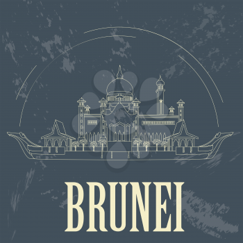 Nation of Brunei  landmarks. Retro styled image. Sultan Omar Ali Saifuddin Mosque. Vector illustration