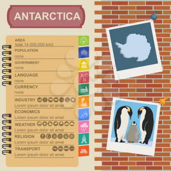 Antarctica (South Pole) infographics, statistical data, sights. Vector illustration