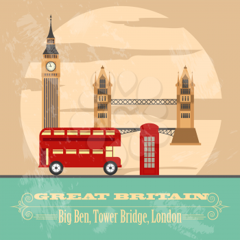 United Kingdom of Great Britain landmarks. Retro styled image. Vector illustration