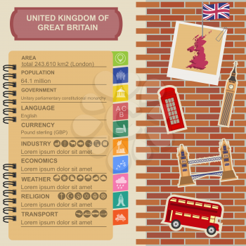 United Kingdom of Great Britain infographics, statistical data, sights. Vector illustration